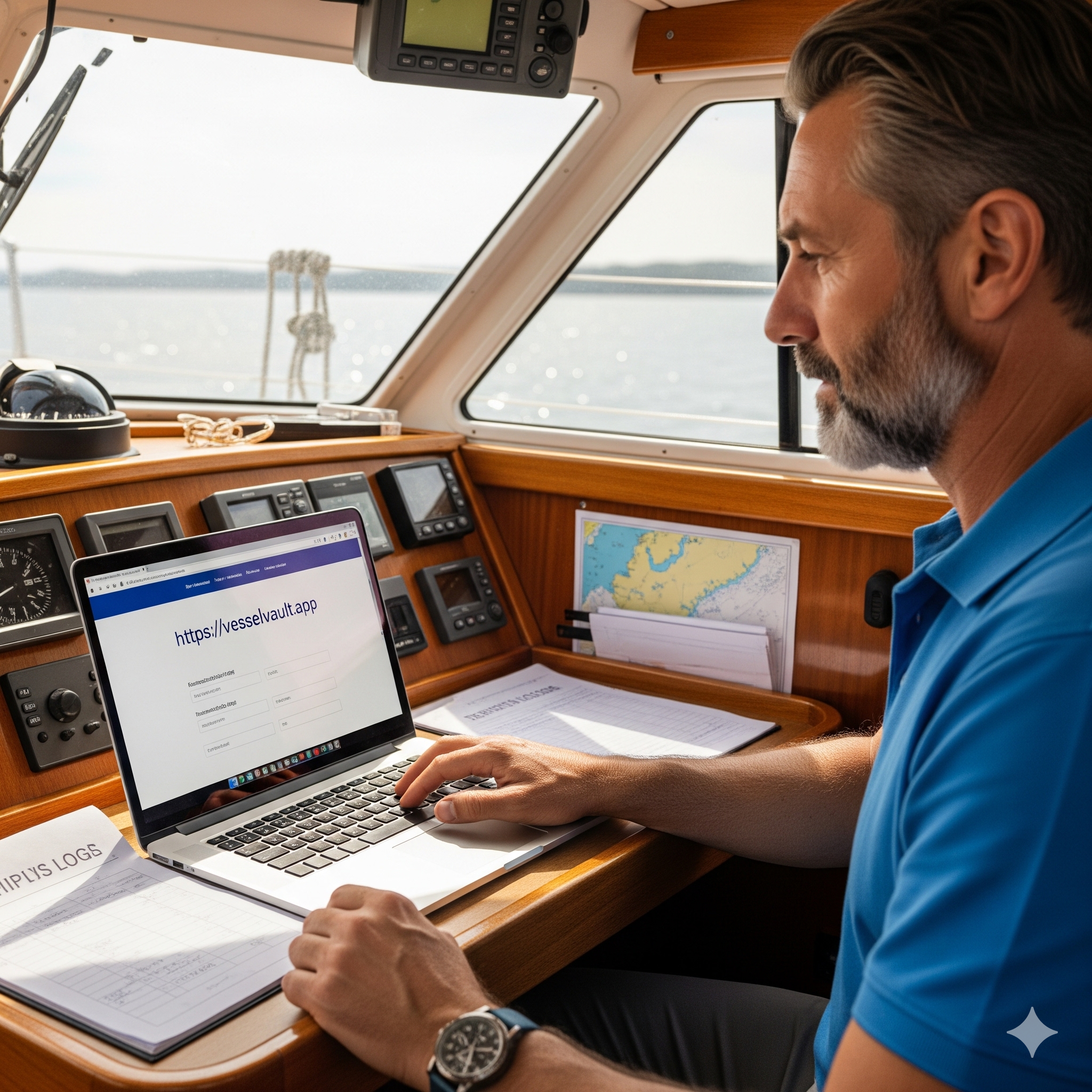 Boat owner using VesselVault on a laptop at the helm